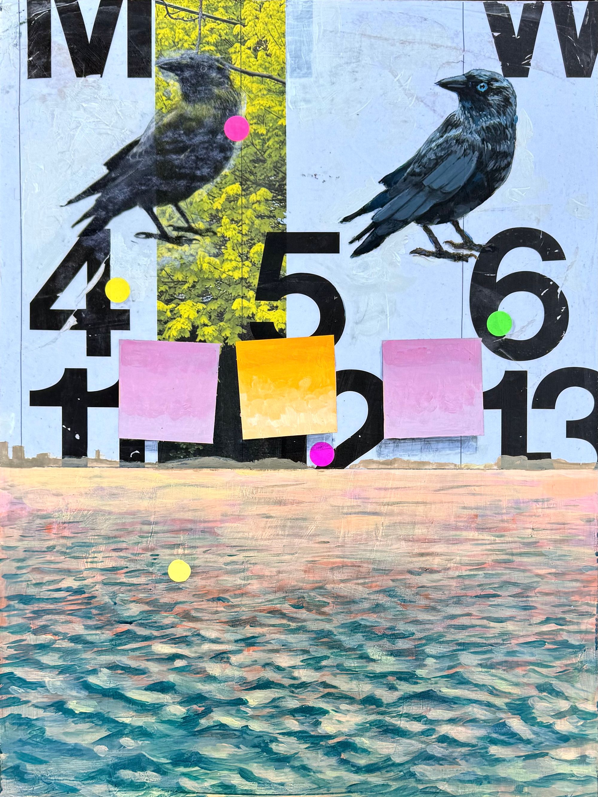 A painting titled “The crows return to Venice in autumn” where two crows perch on a calendar overlooking the ocean at sunset.