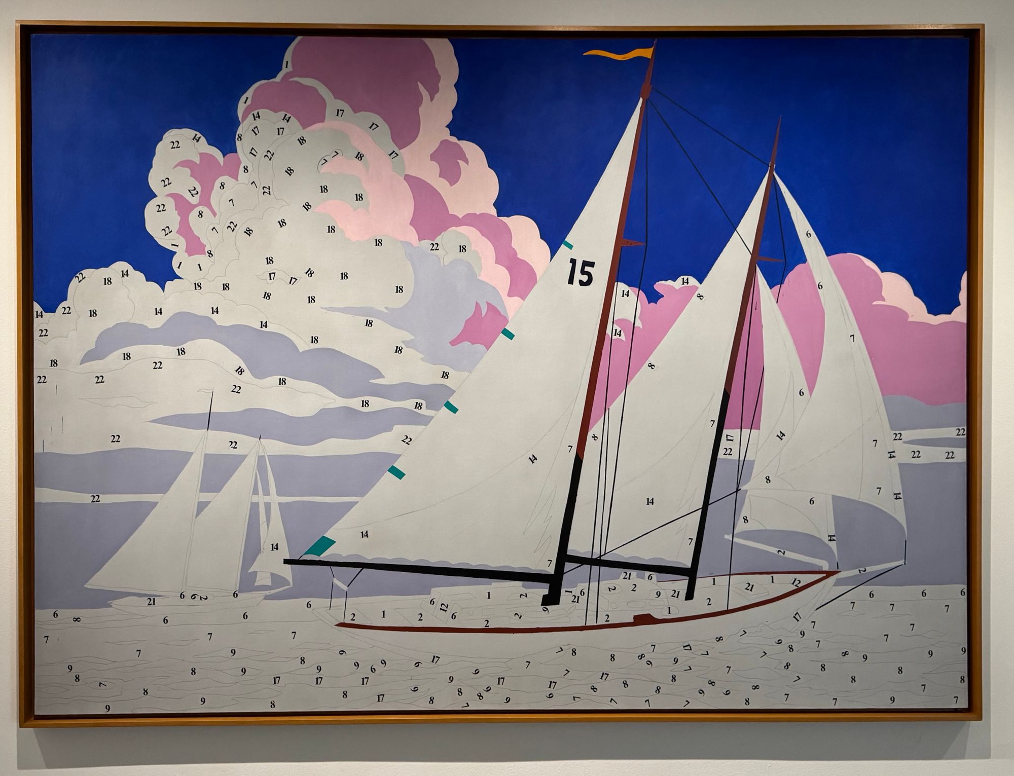 A ‘paint-by-number’ painting by Andy Warhol featuring sailboats before a windswept cloudy sky