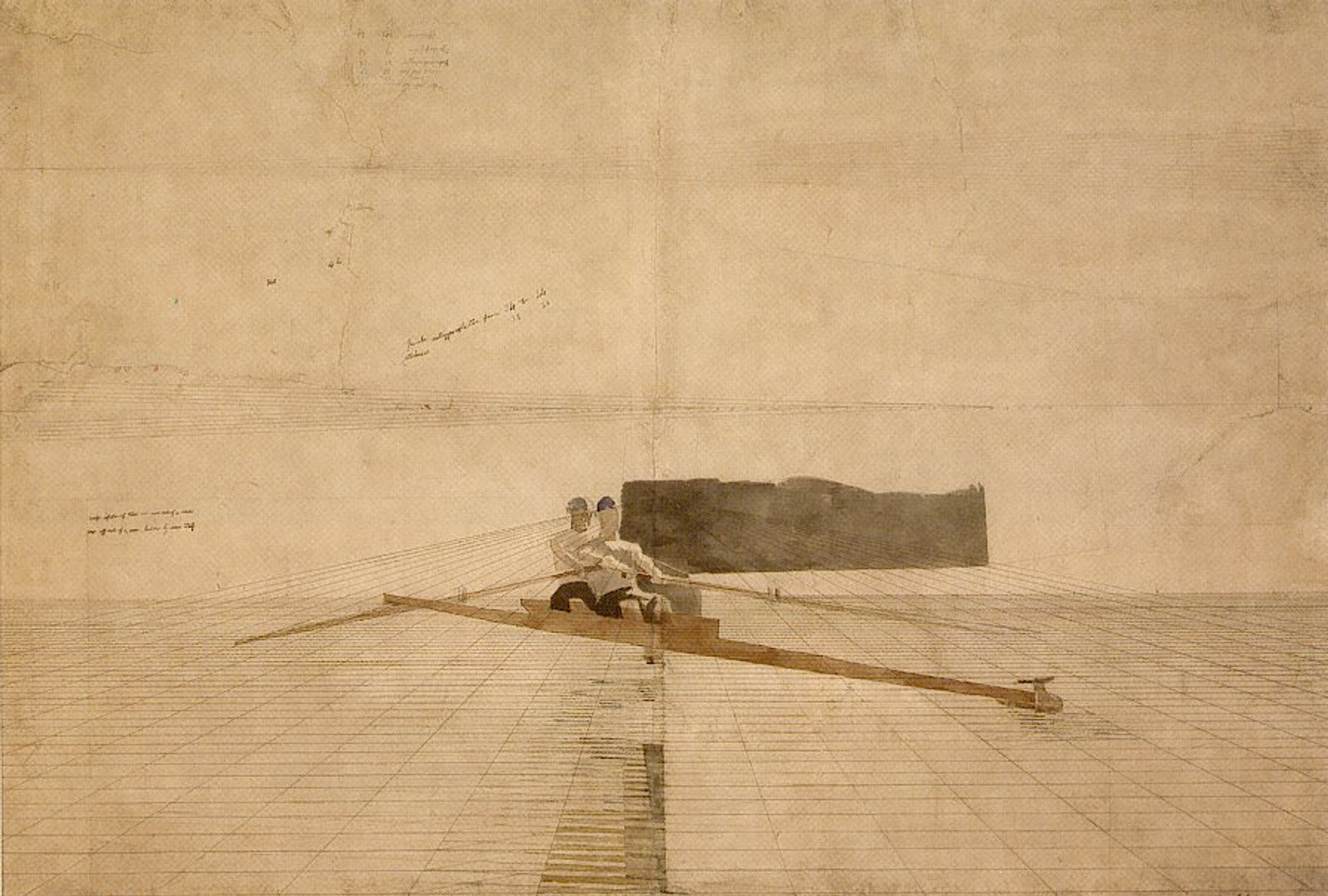 A sketch for a painting by Thomas Eakins. Rowers in a shell sit atop a perspective grid
