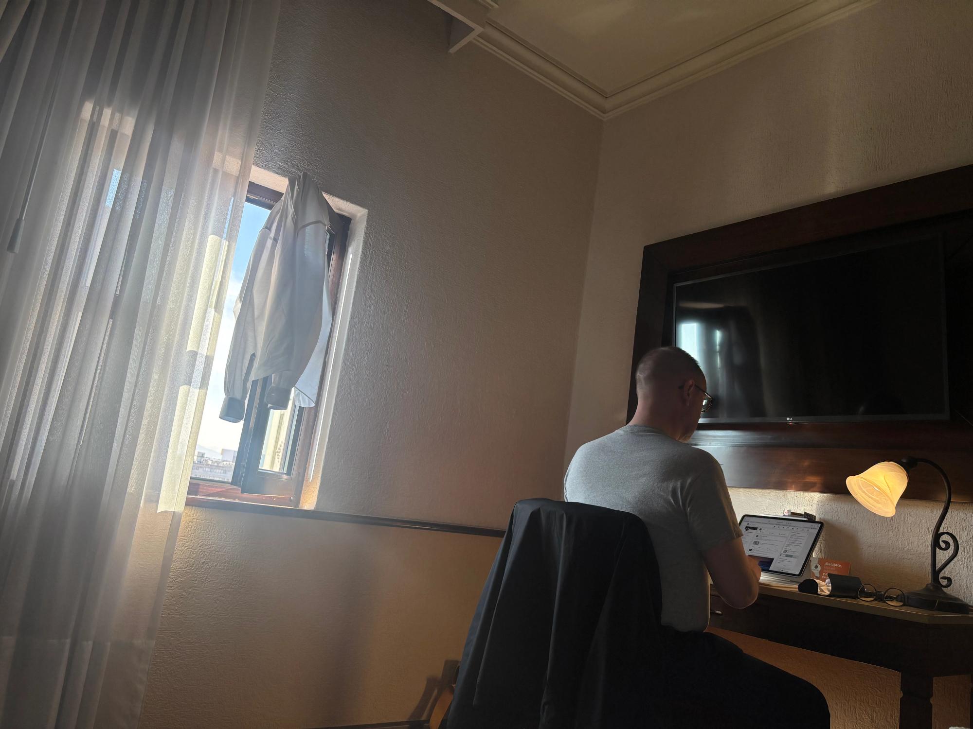 Me, hoping that when my shirt dries, the stain is gone