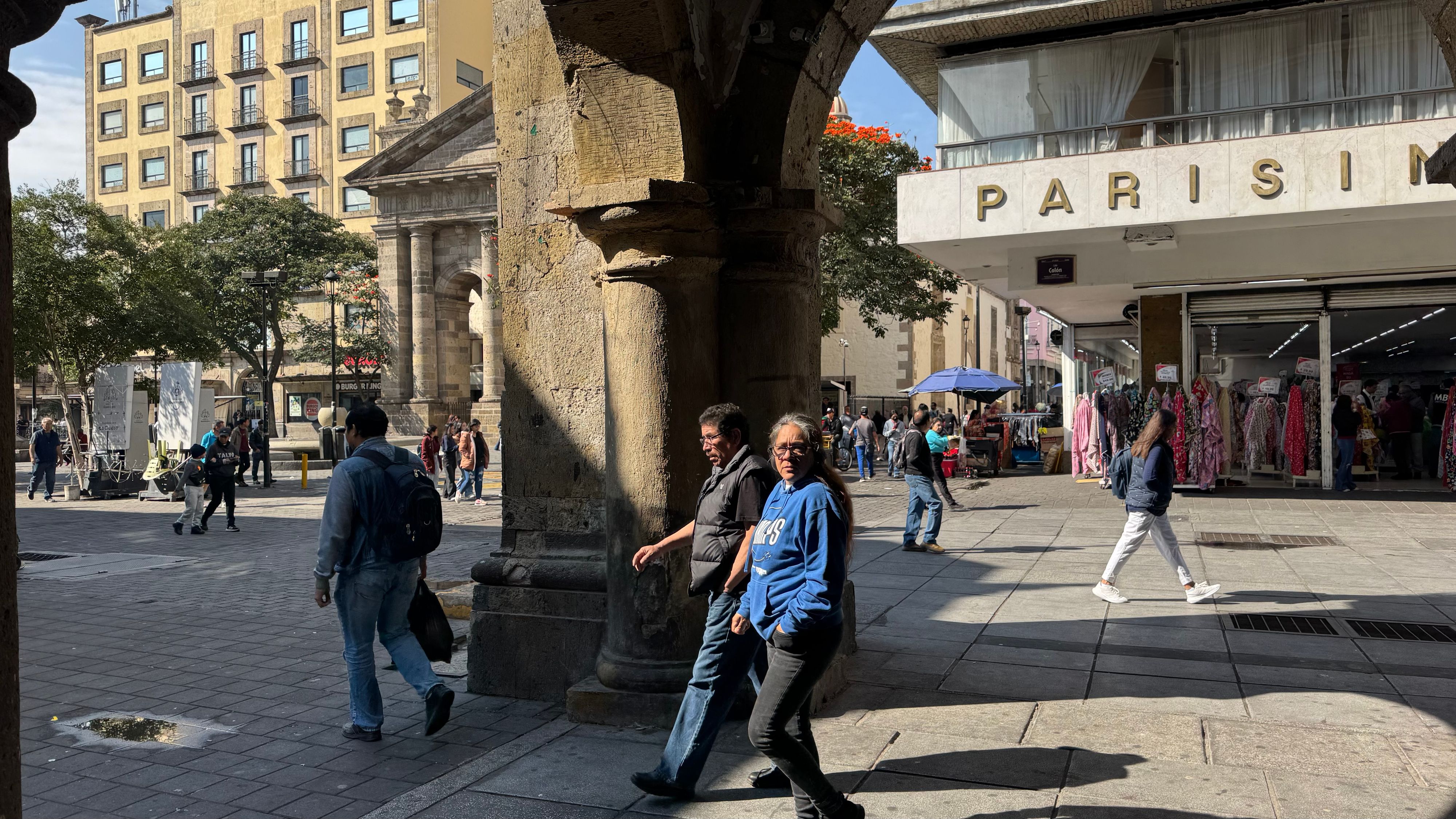 A view from a small coffee shop into a plaza in central Guadalajara