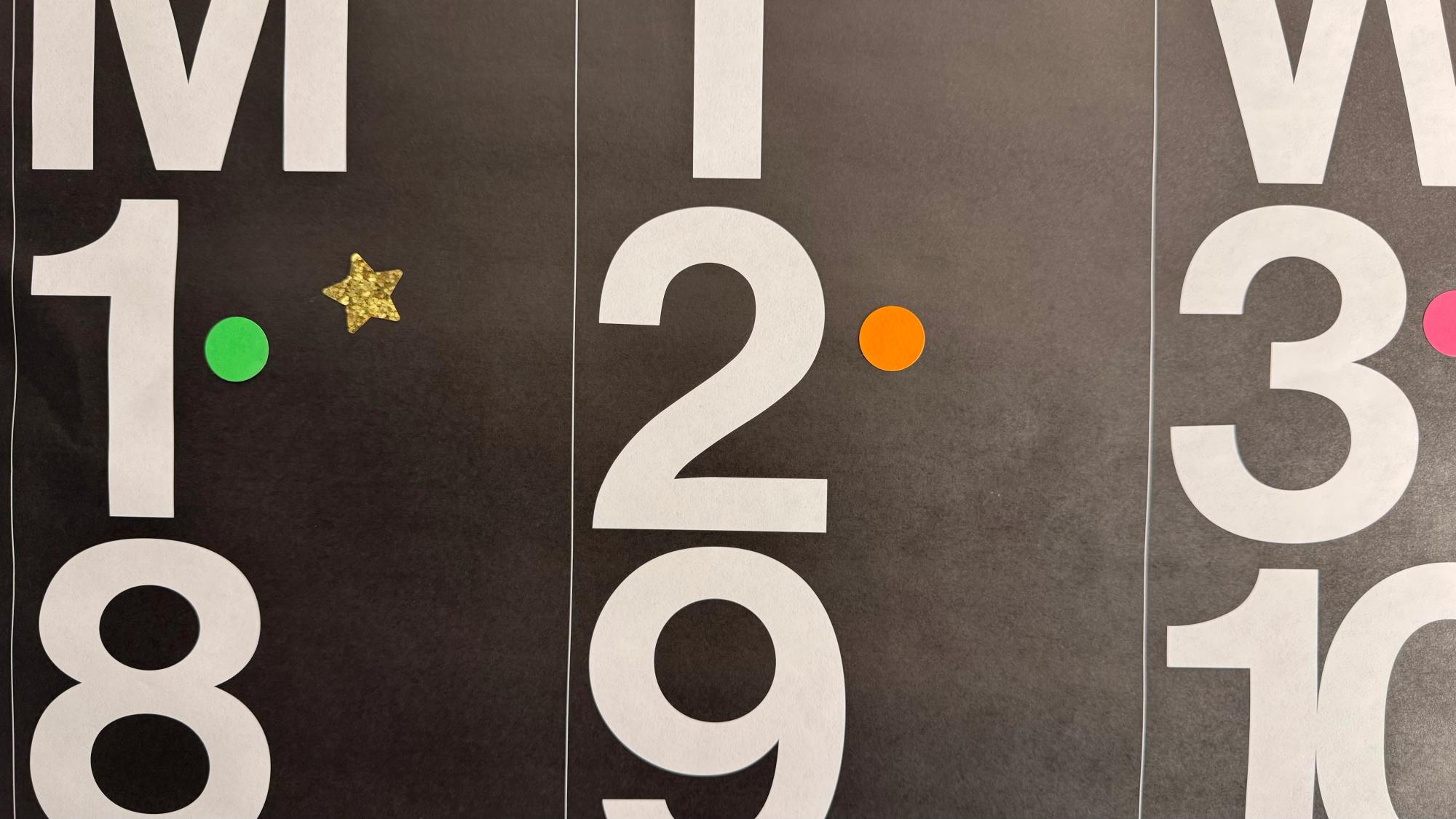 Photo of my wall calendar, with stickers