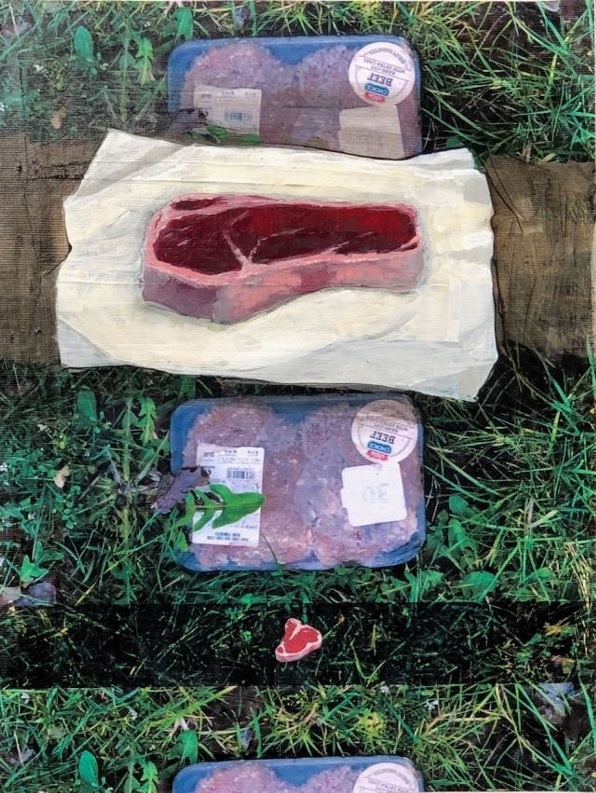 A painting of steak on steak on grass