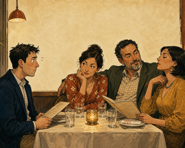 Illustration of two men and two women at an increasingly awkward restaurant dinner