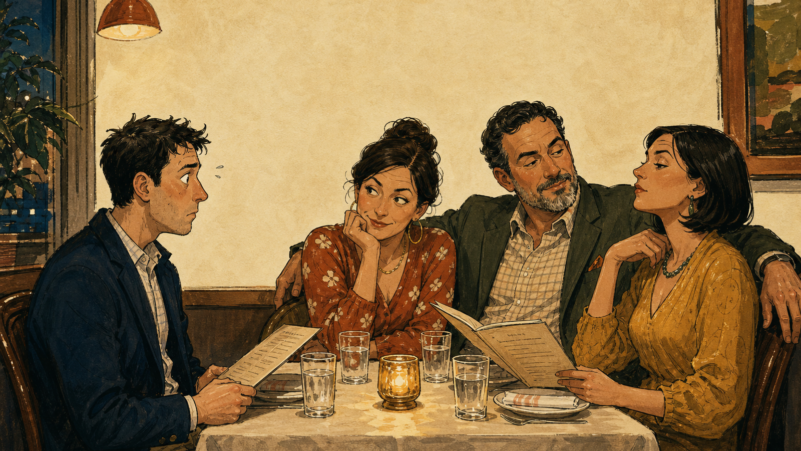 Illustration of two men and two women at an increasingly awkward restaurant dinner