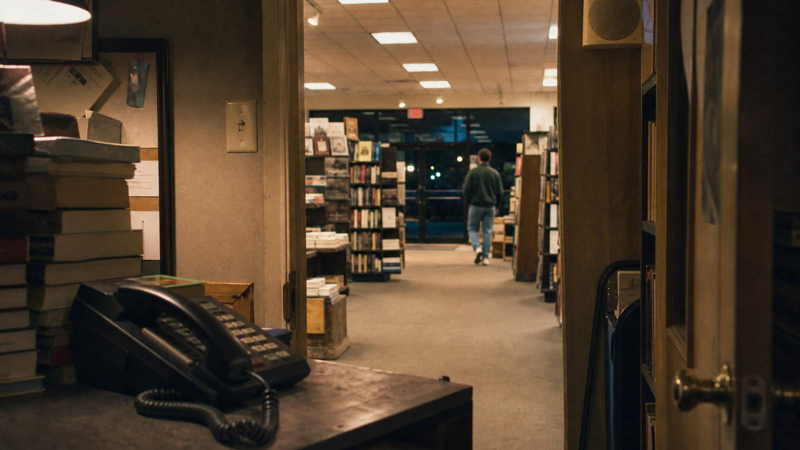 A black corded office phone beside stacks of books, looking out from a bookstore office toward an anonymous person walking to the exit at night.