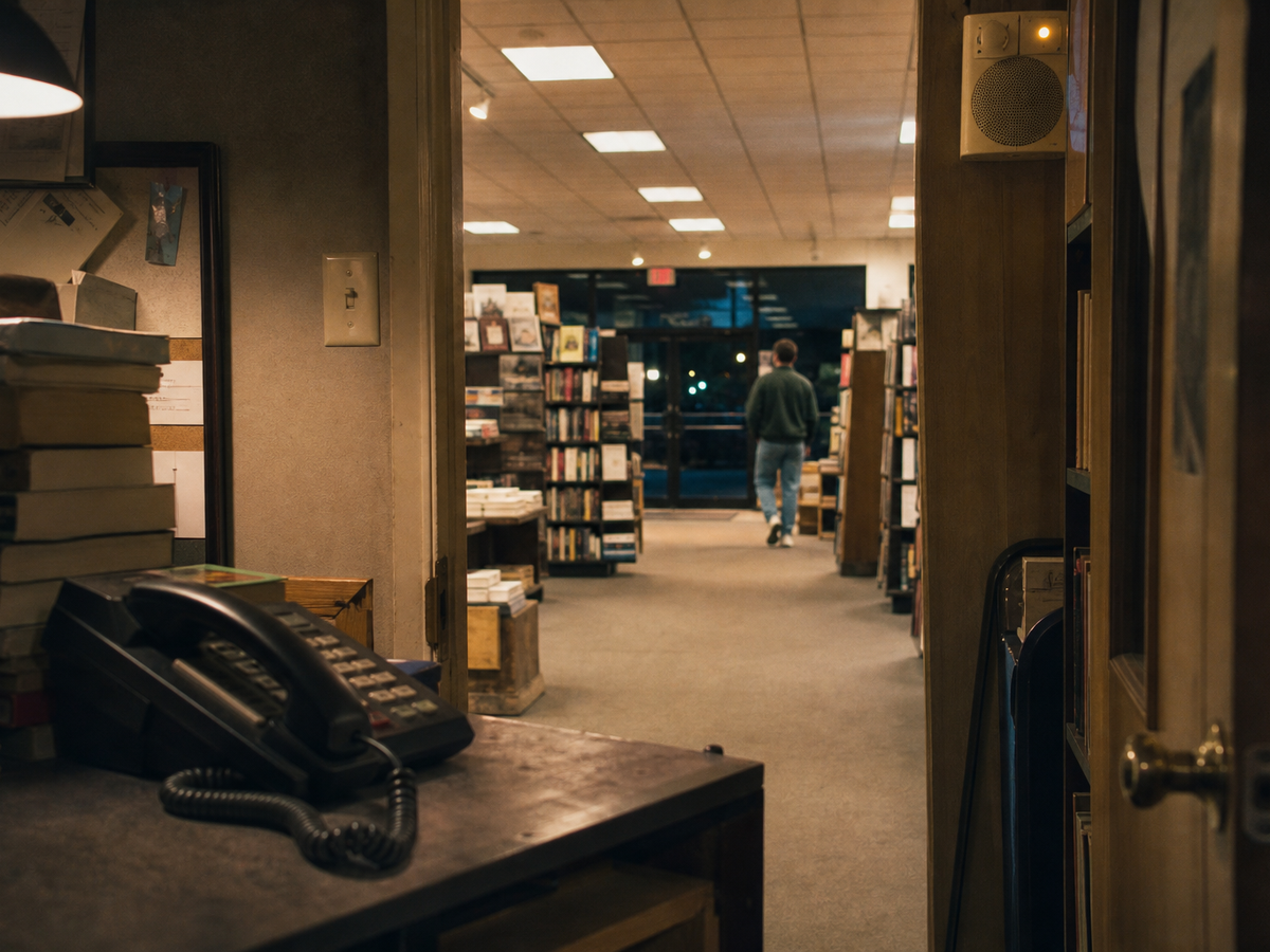 A black corded office phone beside stacks of books, looking out from a bookstore office toward an anonymous person walking to the exit at night.