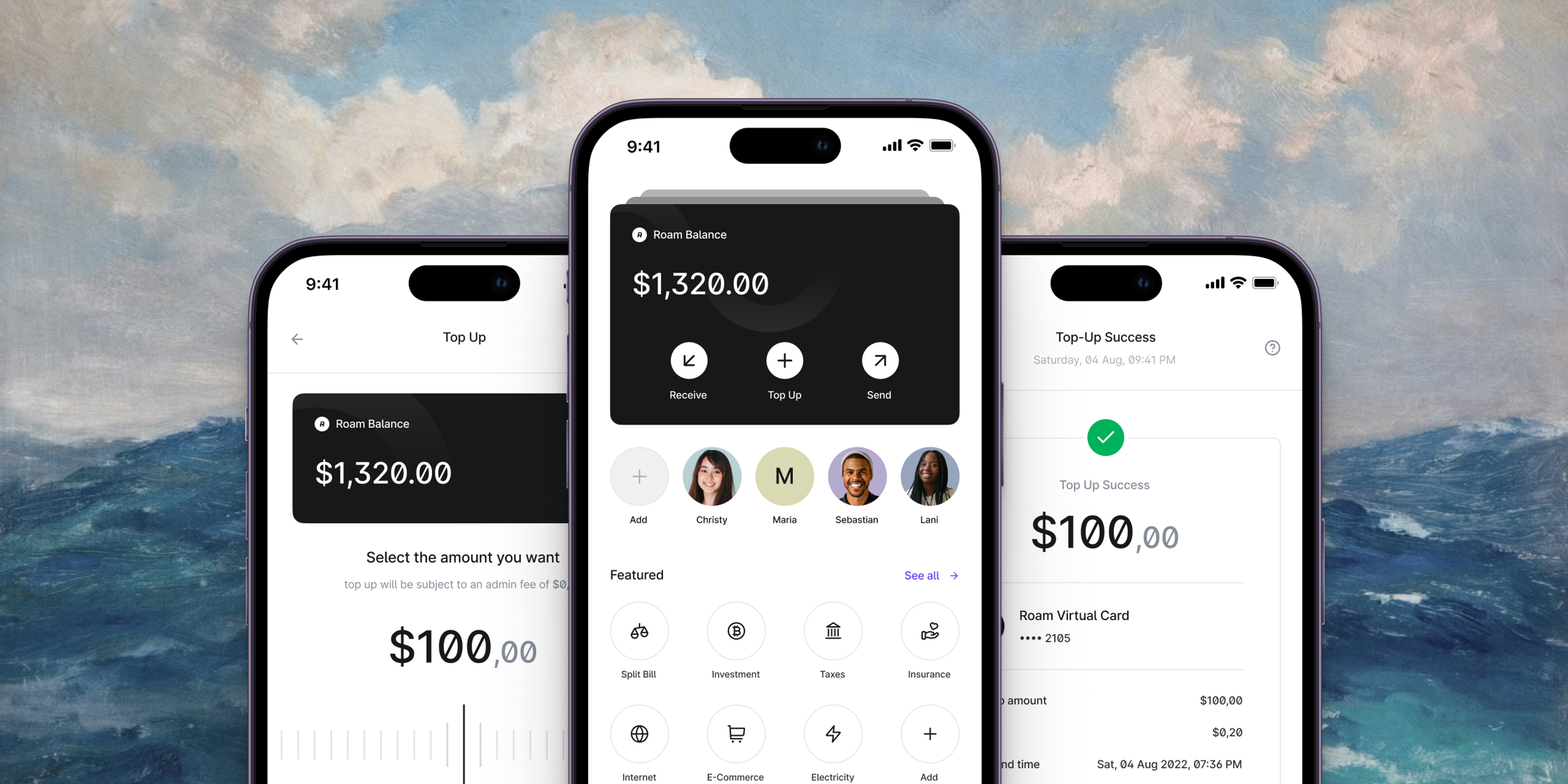 Roam Finance app screens on three phones