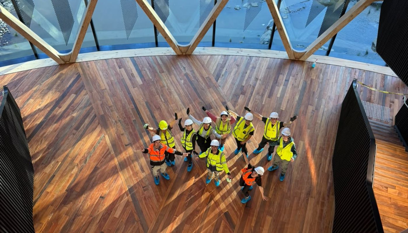 The HygieNZ team on the timber atrium floor of Fisher & Paykel Appliances' Penrose campus, beneath the building's exposed mass-timber diagrid