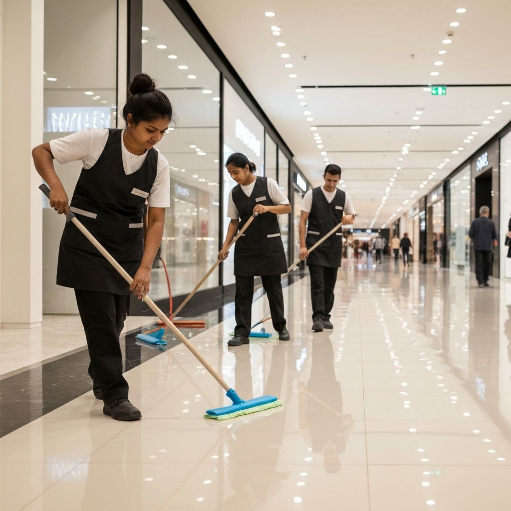 HygieNZ cleaners mopping the concourse of an Auckland shopping centre