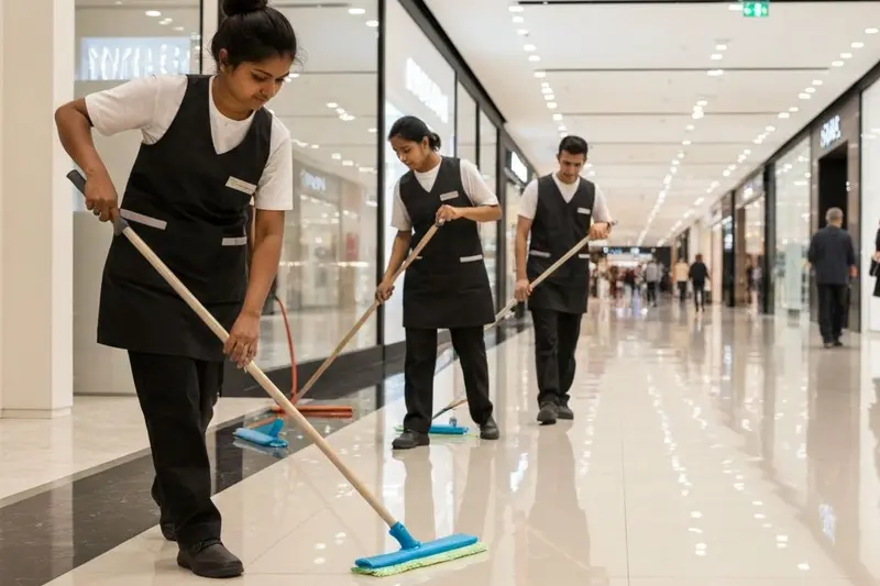 HygieNZ cleaners mopping the concourse of an Auckland shopping centre