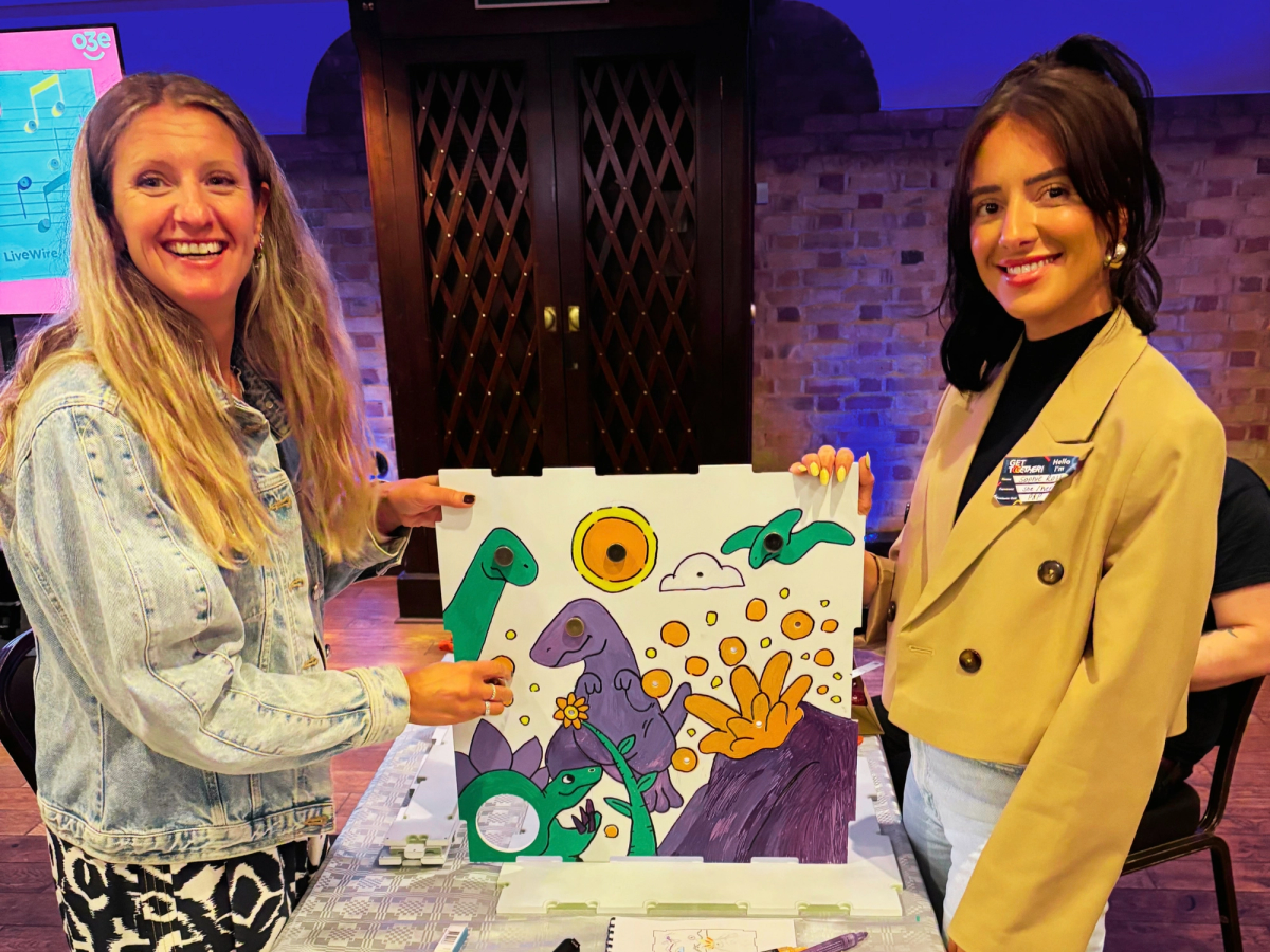 Two participants showing their LiveWire Adapted Musical Instrument design