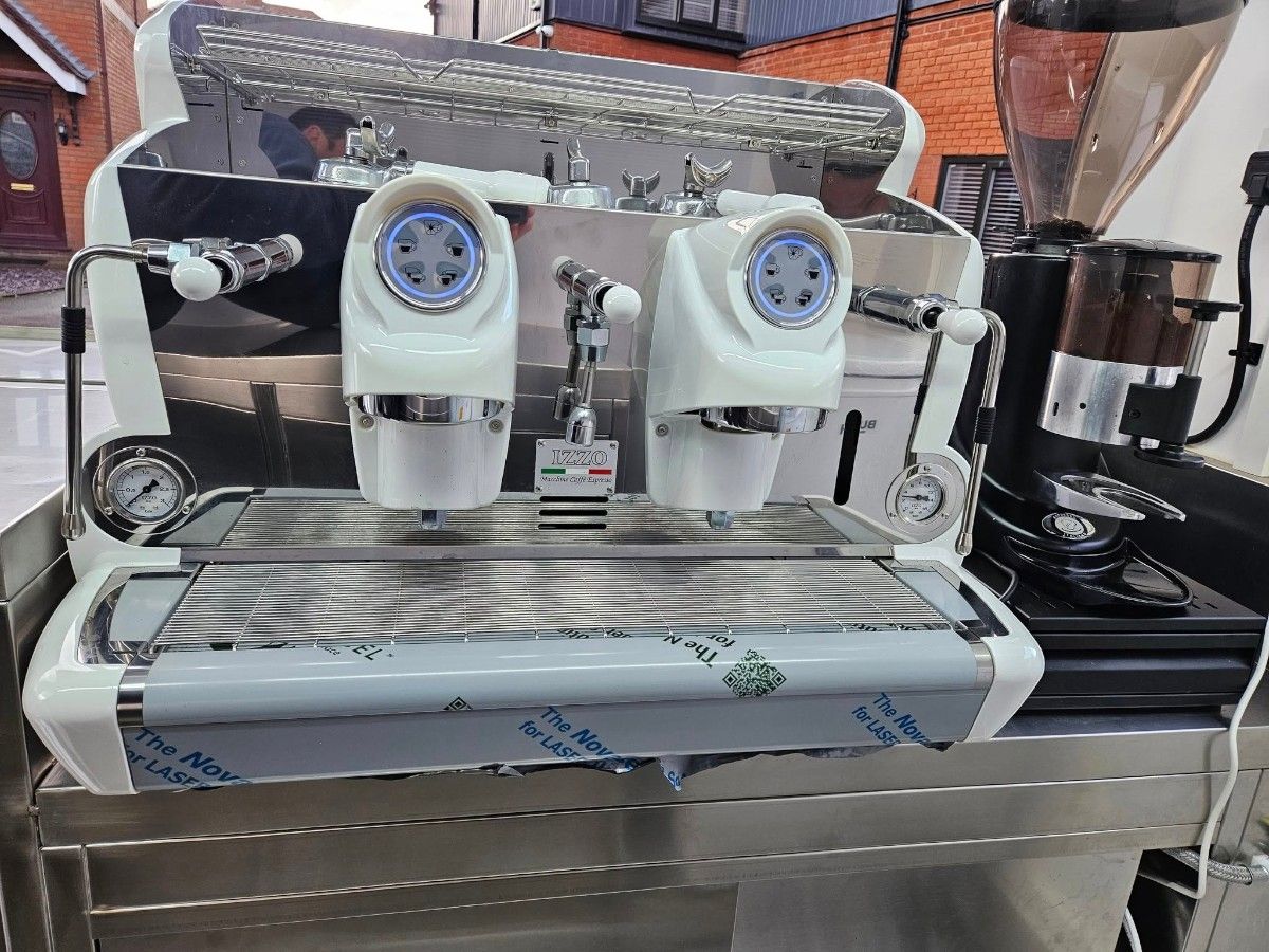 Commercial espresso coffee machine installed inside a Chris Machinery mobile trailer