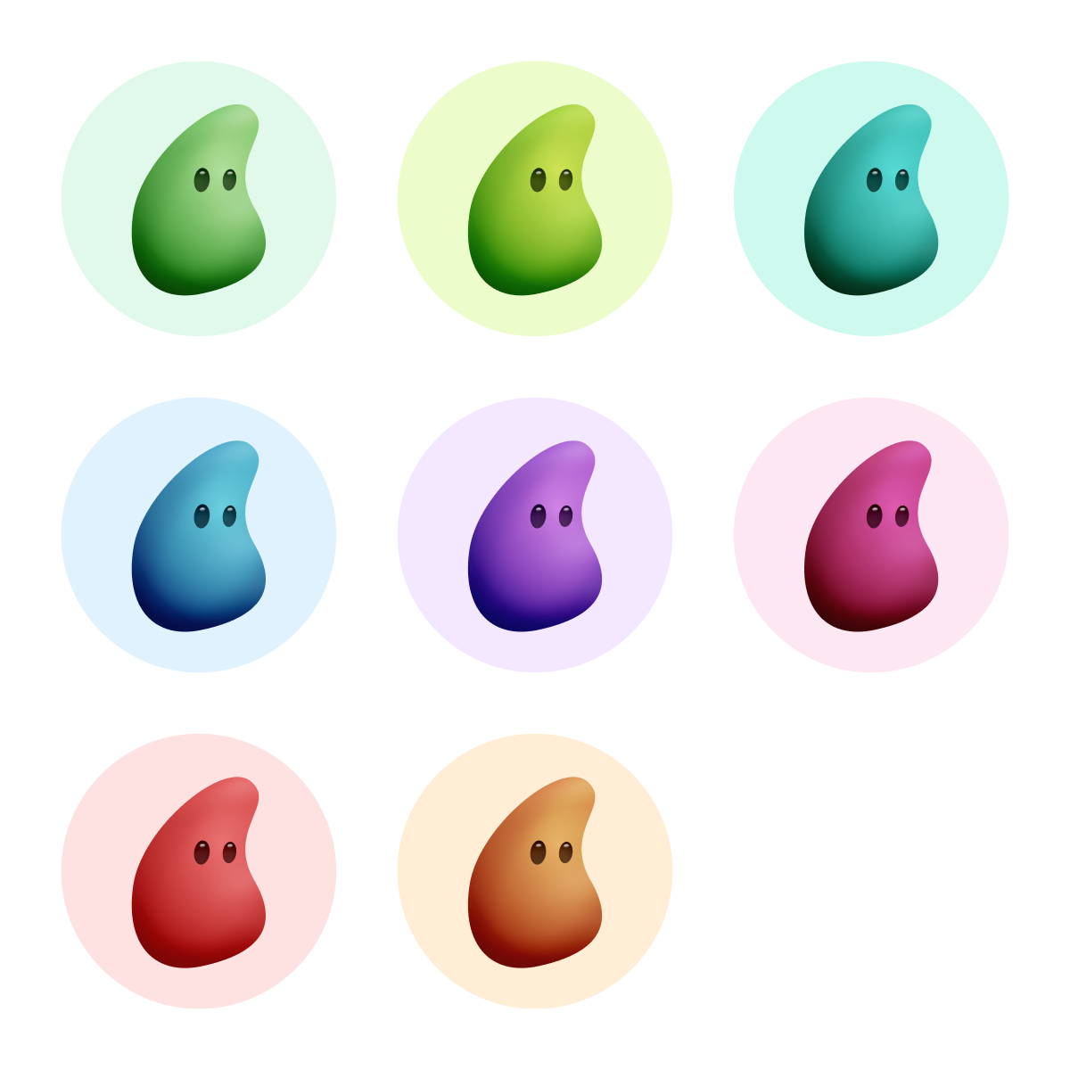 8 colorful circles with a jelly bean character in each representing the color of the circle.
