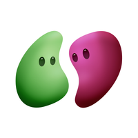 Two jelly bean characters facing each other. One is green and one is raspberry.