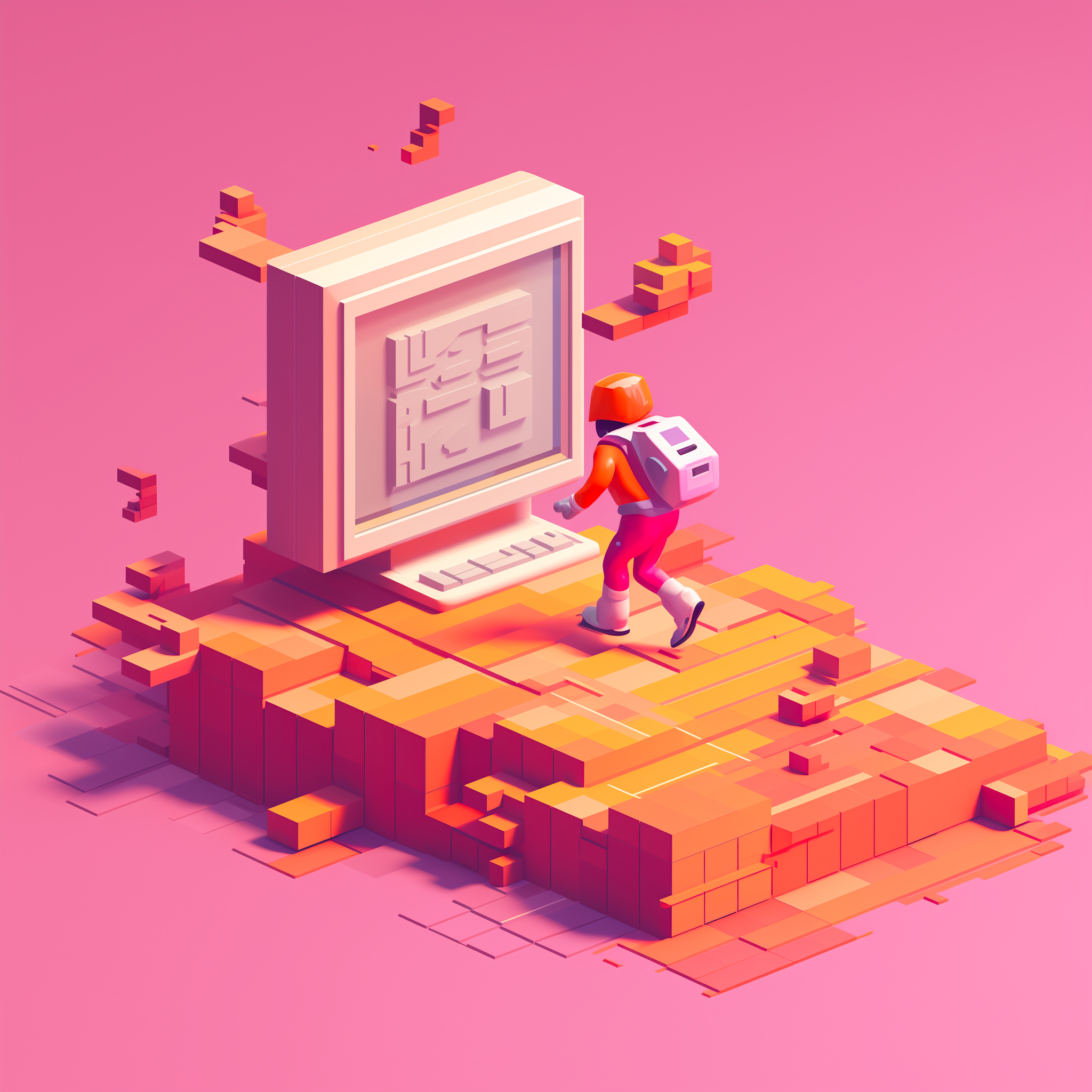 A 3D illustration of a character running to a computer on an island of cubes.