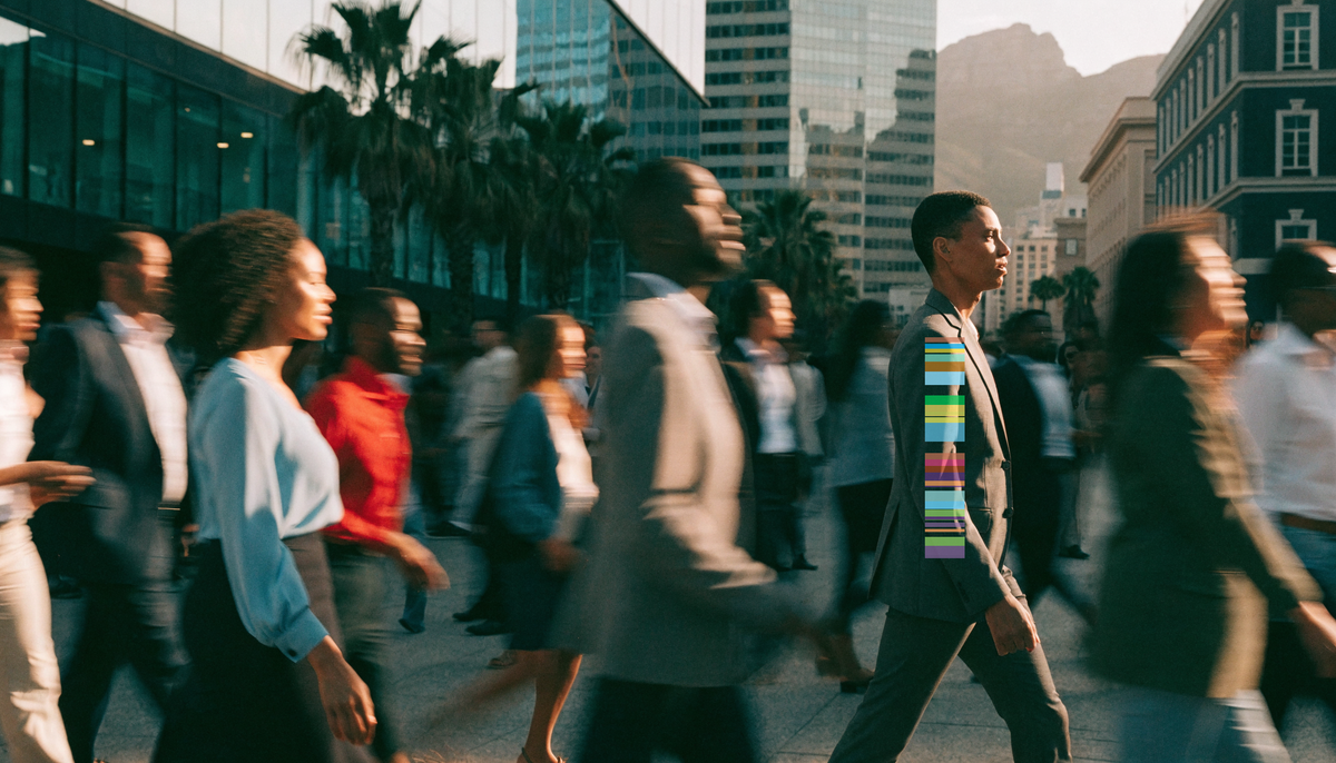 A focused professional moving with purpose through a sunlit Cape Town business district, a busy crowd blurred around them.