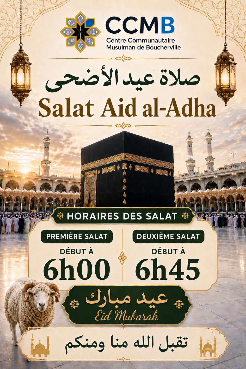 Affiche Salat Aïd al-Adha CCMB — Première salat 6h00, Deuxième salat 6h45