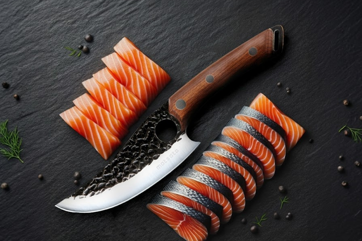 Aesthetically laid out sushi knife among salmon pieces