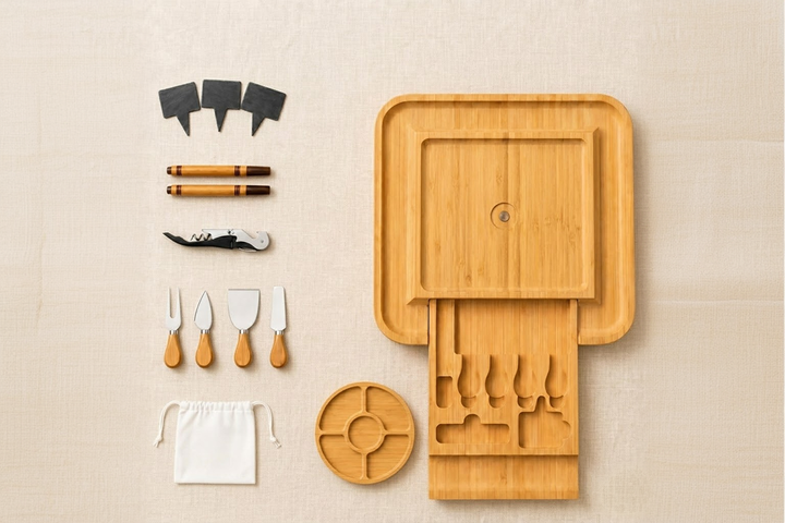 Elegantly laid out board with charkuterie utensils.