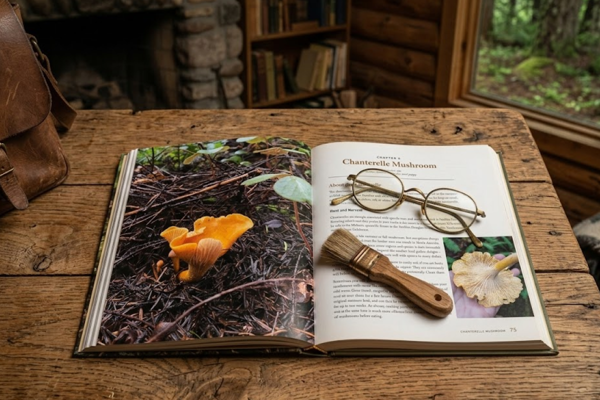 An elegant, linen-bound copy of "The Mushroom Hunter's Field Cookbook Guide" resting open on a rustic wooden table next to a leather bag ripe for picking mushrooms.