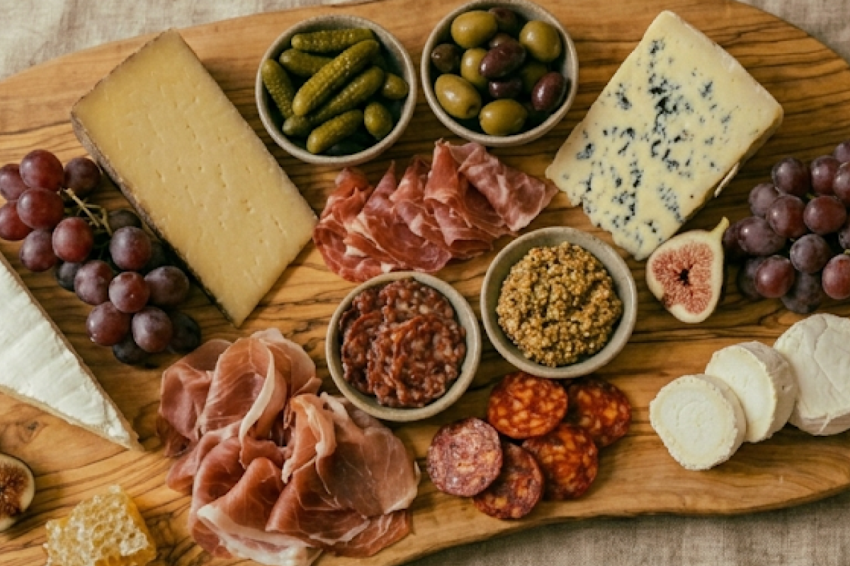 A beautifully arranged wooden charcuterie board featuring brie, aged gouda, grapes, and nuts next to two poured glasses of red wine.