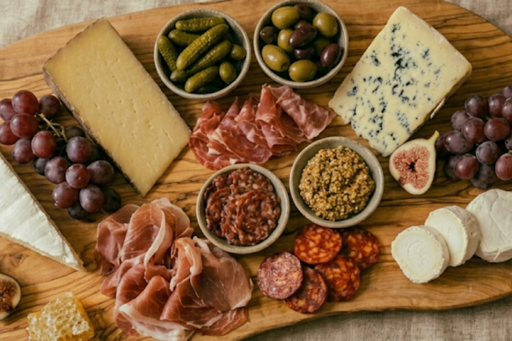 A beautifully arranged wooden charcuterie board featuring brie, aged gouda, grapes, and nuts next to two poured glasses of red wine.