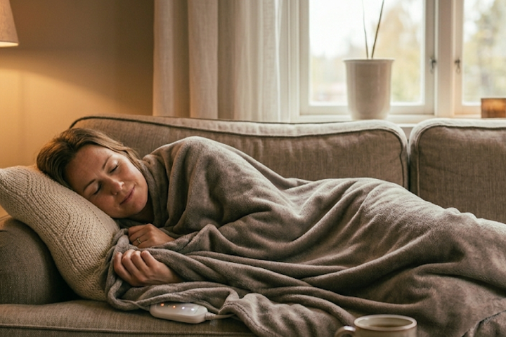 A plush, cream-colored soft fleece electric throw blanket draped neatly over the arm of a cozy modern sofa.