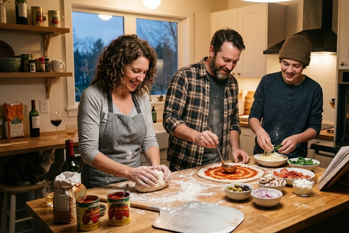 A family making pizzas at home for pizza night