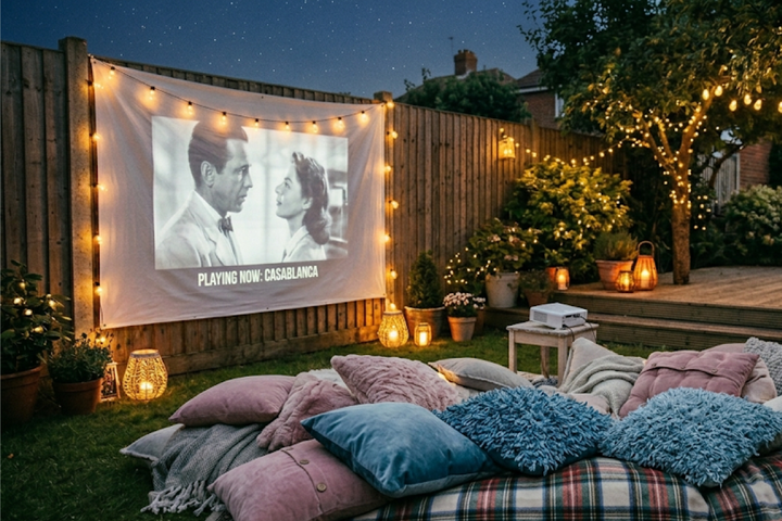 Pantalla de proyector de cine en el jardín mostrando una película romántica, rodeada de luces cálidas, cojines y mantas.