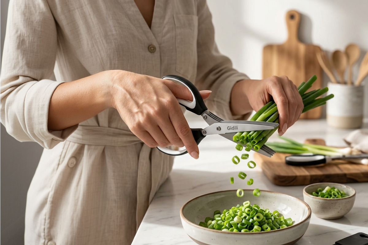 A five-blade scissor cutting spring onions