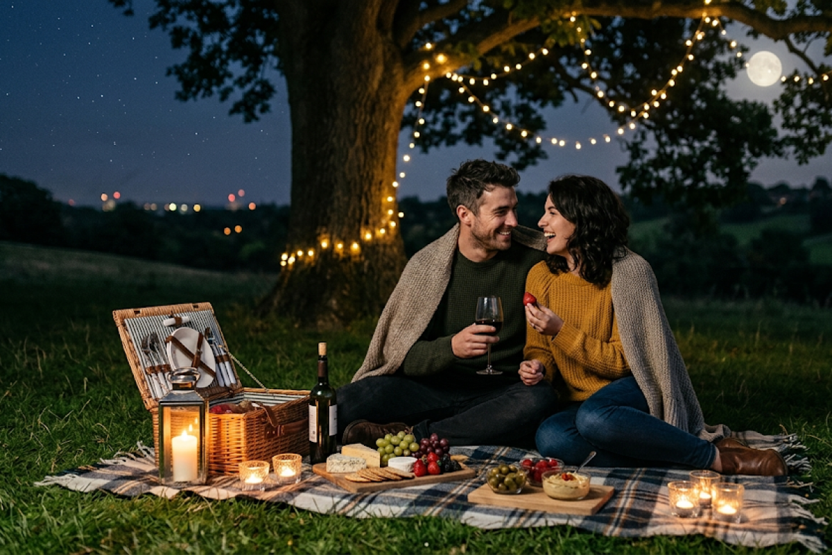 A couple enjoying a midnight picnic on a blanket