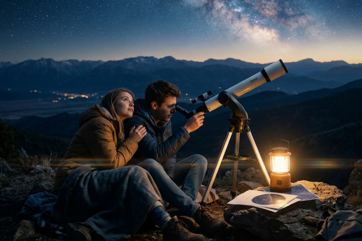 A high-power telescope pointed at the night sky next to a cozy blanket and lantern on a dark lawn.