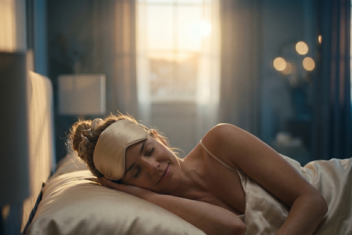 An elegant ivory mulberry silk pillowcase with a matching padded silk sleep mask laid neatly on top of a luxury bed.