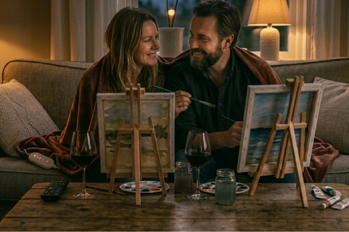 An elegant setup for a private paint and sip date night featuring two canvas easels, premium acrylic paints, a bottle of red wine, and two crystal glasses under warm ambient lighting.