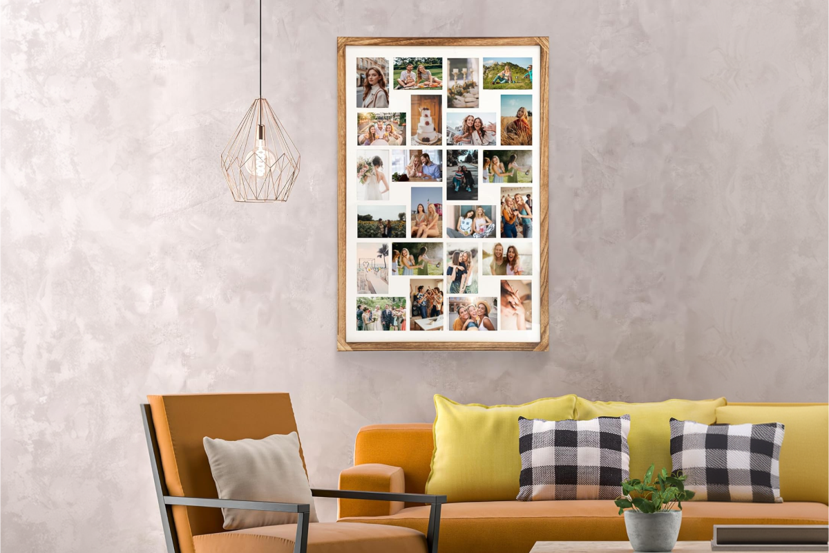 A woden frame with select photos sitting on a wall above a couch