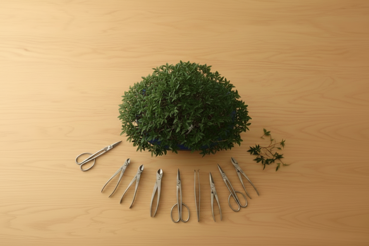 A collection of traditional, black carbon steel bonsai pruning shears and specialized styling tools resting inside a canvas roll-up pouch on a wooden workspace next to a miniature maple bonsai tree.