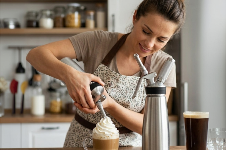 A sleek, modern stainless steel whipped cream dispenser sitting on a marble countertop next to a woman putting whipped cream on icecream