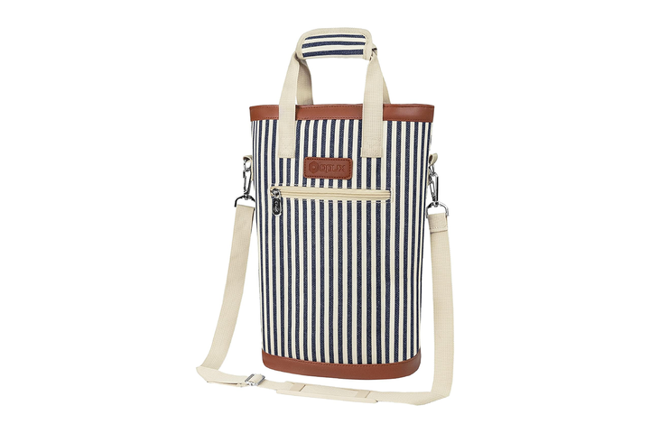 An elegant canvas and leather insulated wine tote bag with a matching cooling sleeve, witha bright product background