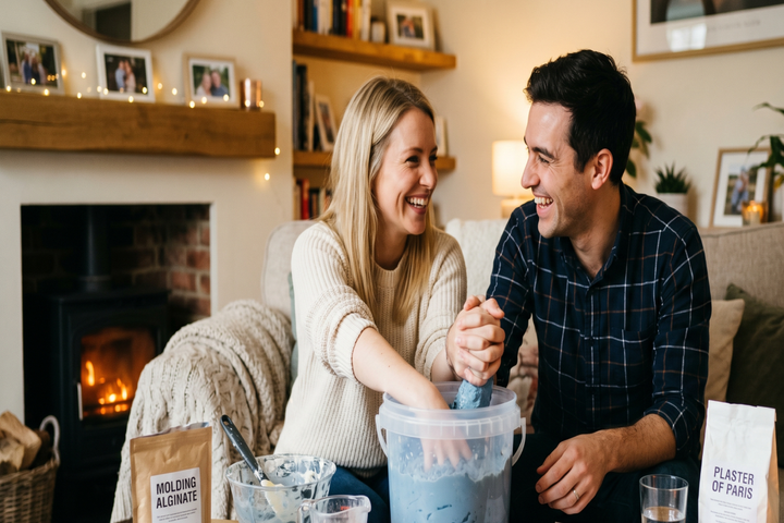 A finished, detailed plaster sculpture of a couple tightly holding hands, displayed beautifully on a modern wooden tabletop.