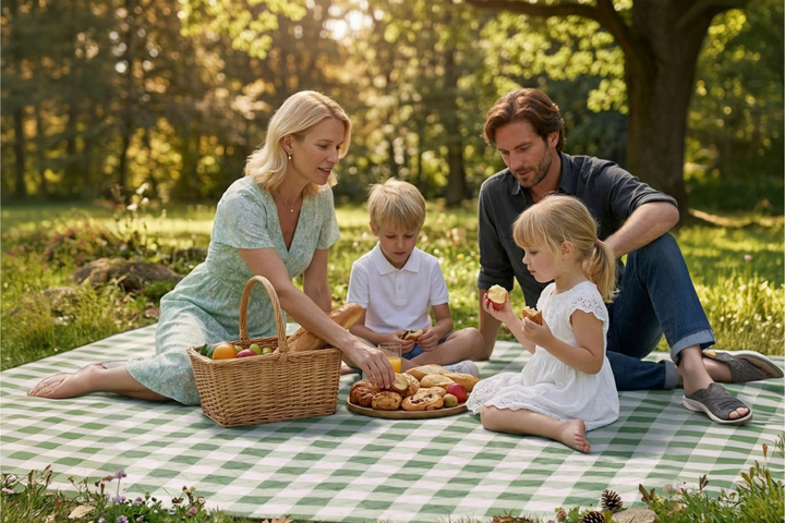 A family seated on a large spread out picnic blanket