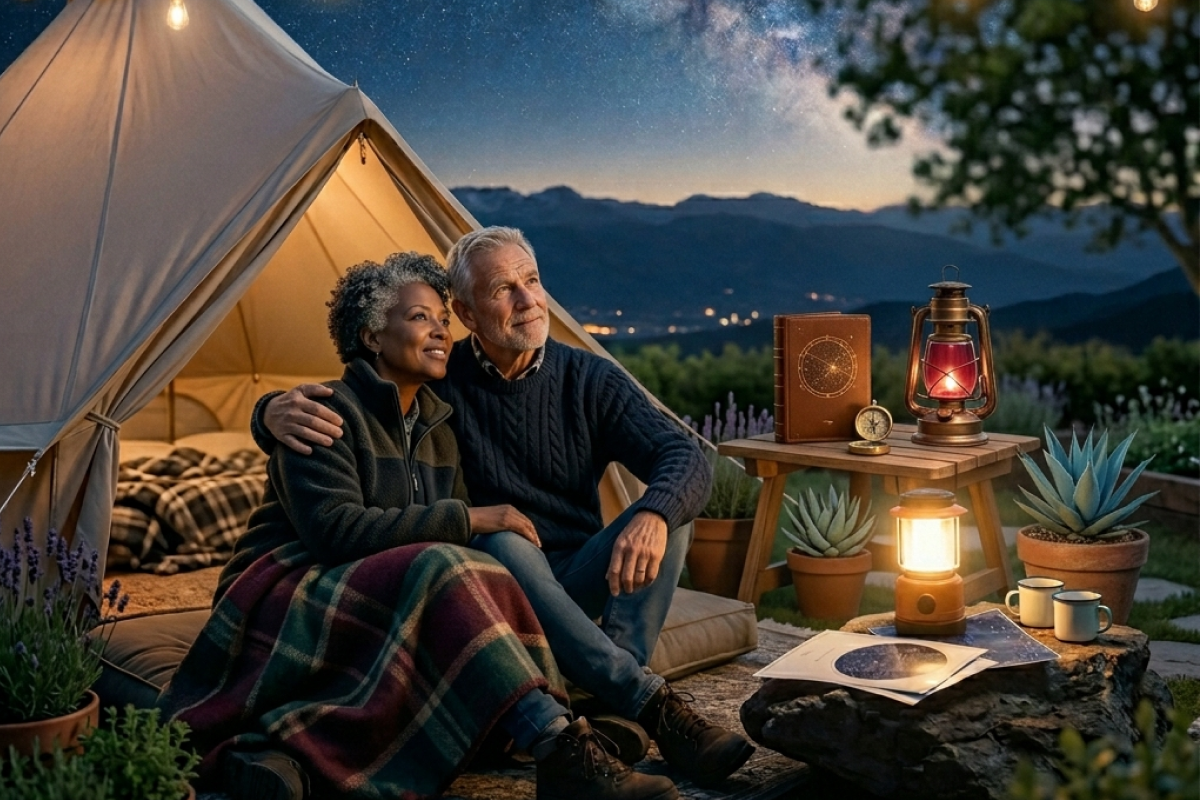 A luxury backyard glamping tent illuminated by warm, glowing fairy lights and filled with plush bedding.