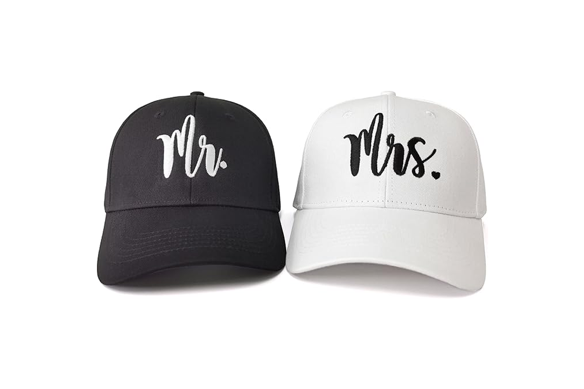 embroidered caps saying mr and mrs