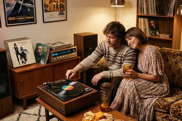 A vintage wood-paneled record player spinning a vinyl record on a mid-century modern credenza, surrounded by soft candlelight and two people on a date