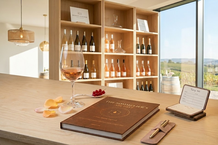 A luxurious, leather-bound guided wine journal resting open to a structured tasting notes page on a wooden table, next to a crystal glass filled with rosé wine