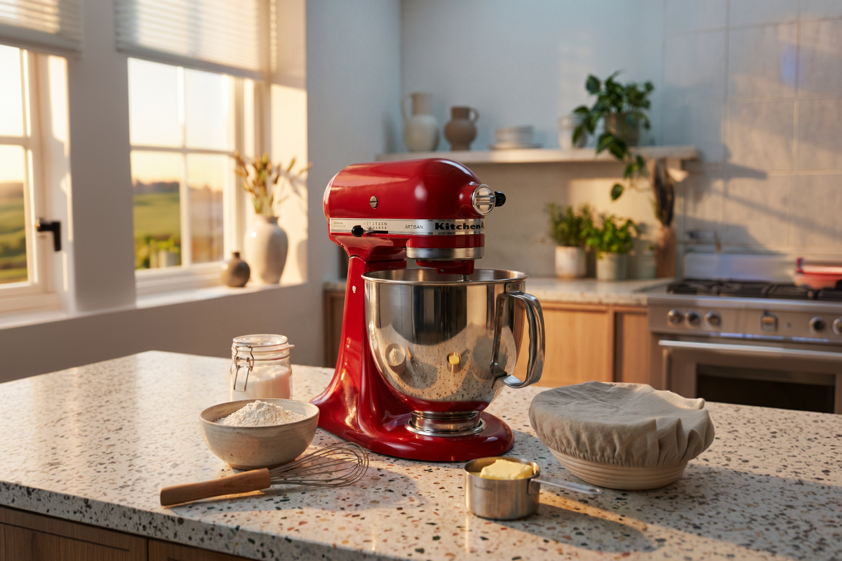 A classic pastel-colored KitchenAid Artisan Series stand mixer with a stainless steel bowl on a countertop.