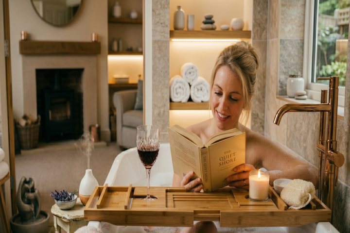 A beautiful waterproof bamboo bathtub caddy tray stretching across a white tub, holding a tablet, a lit candle, and a glass of rosé.