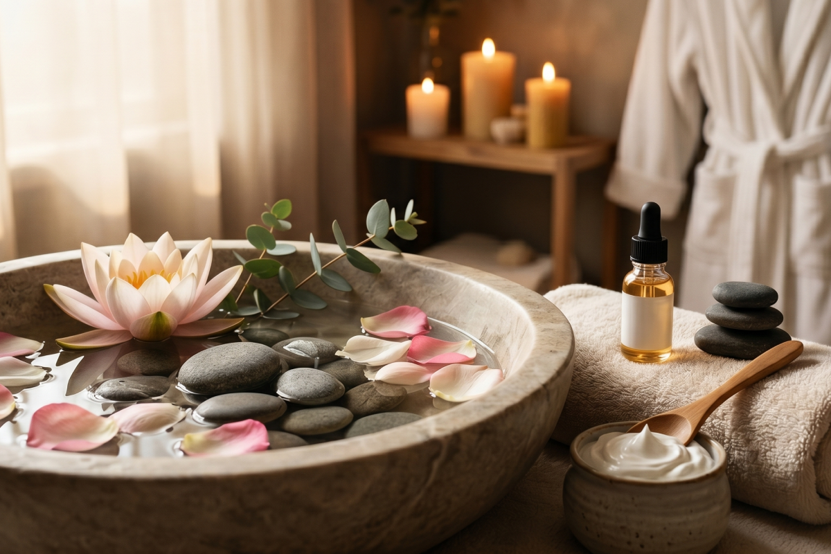 A tranquil spa setting featuring a large stone bowl filled with water, smooth river stones, pink flower petals, and a blooming water lily.