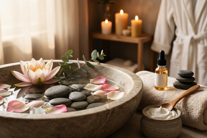 A tranquil spa setting featuring a large stone bowl filled with water, smooth river stones, pink flower petals, and a blooming water lily.
