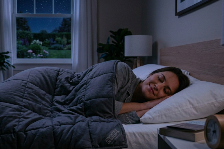 A cozy night's sleep underneath a neatly laid out premium knitted weighted blanket.